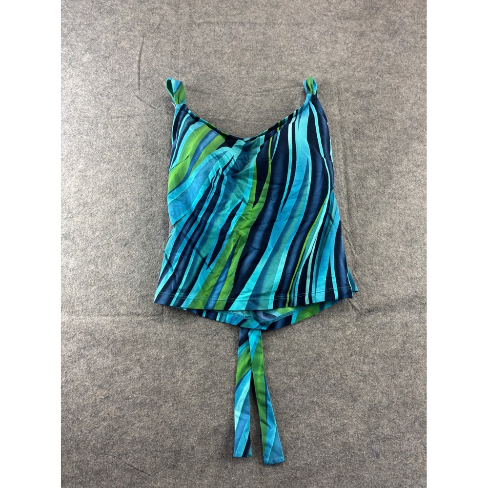 Jantzen Blue Green Striped Tankini Swim Top Girls 16 Tie Back y2k Aquamarine 00s